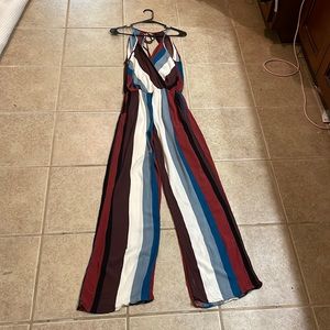 Gilli Striped Halter Jumpsuit in Burgundy, Blue, White